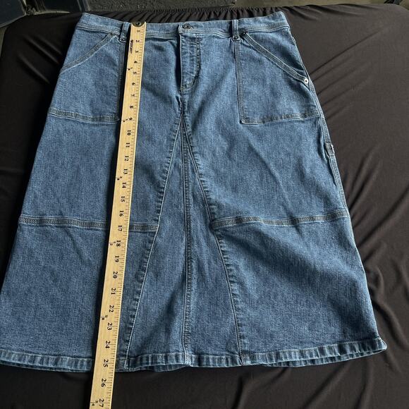 DKNY Jeans Skirt Womens 13 Blue Denim A-Line Utility Pockets Stretch Midi Patch - Picture 9 of 10